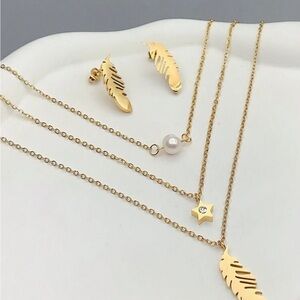 18 k gold plated stainless steel feather star faux pearl necklace and earring
